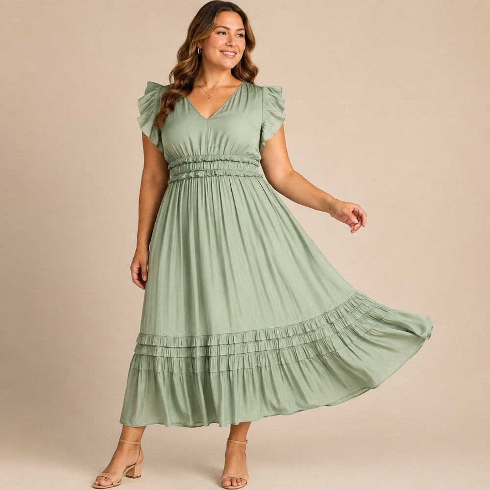 Grade & Gather Midi Dress Womens XL Sage Green Excellent Ruffle Tiered